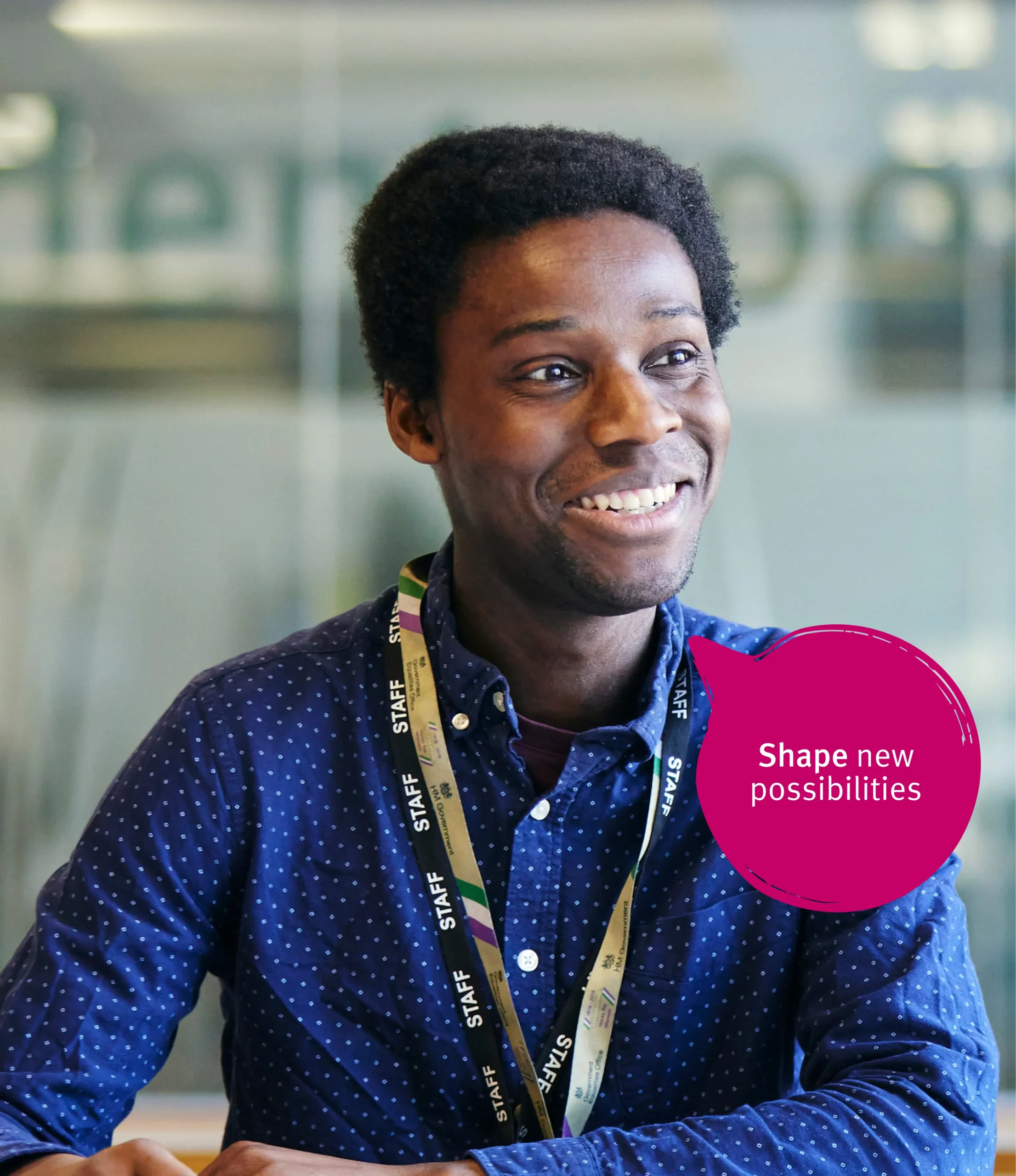 Man in blue shirt talking