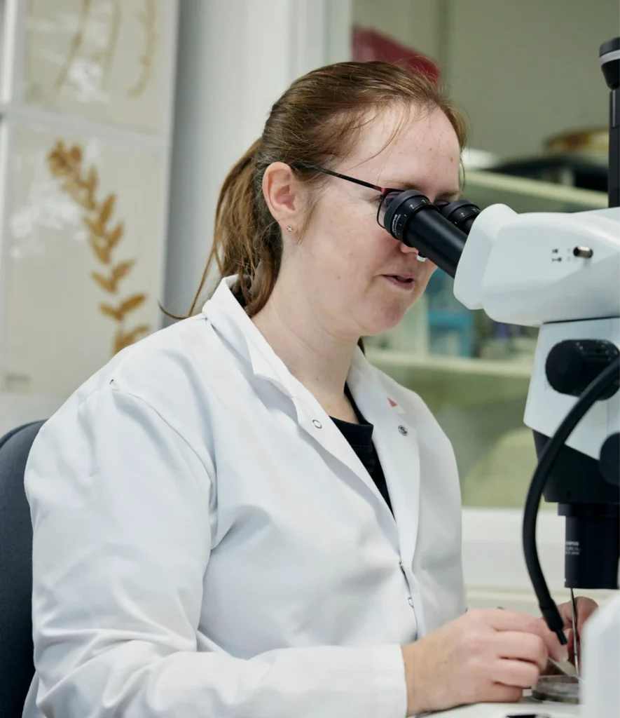 Woman in a lab coat looking into a microscope